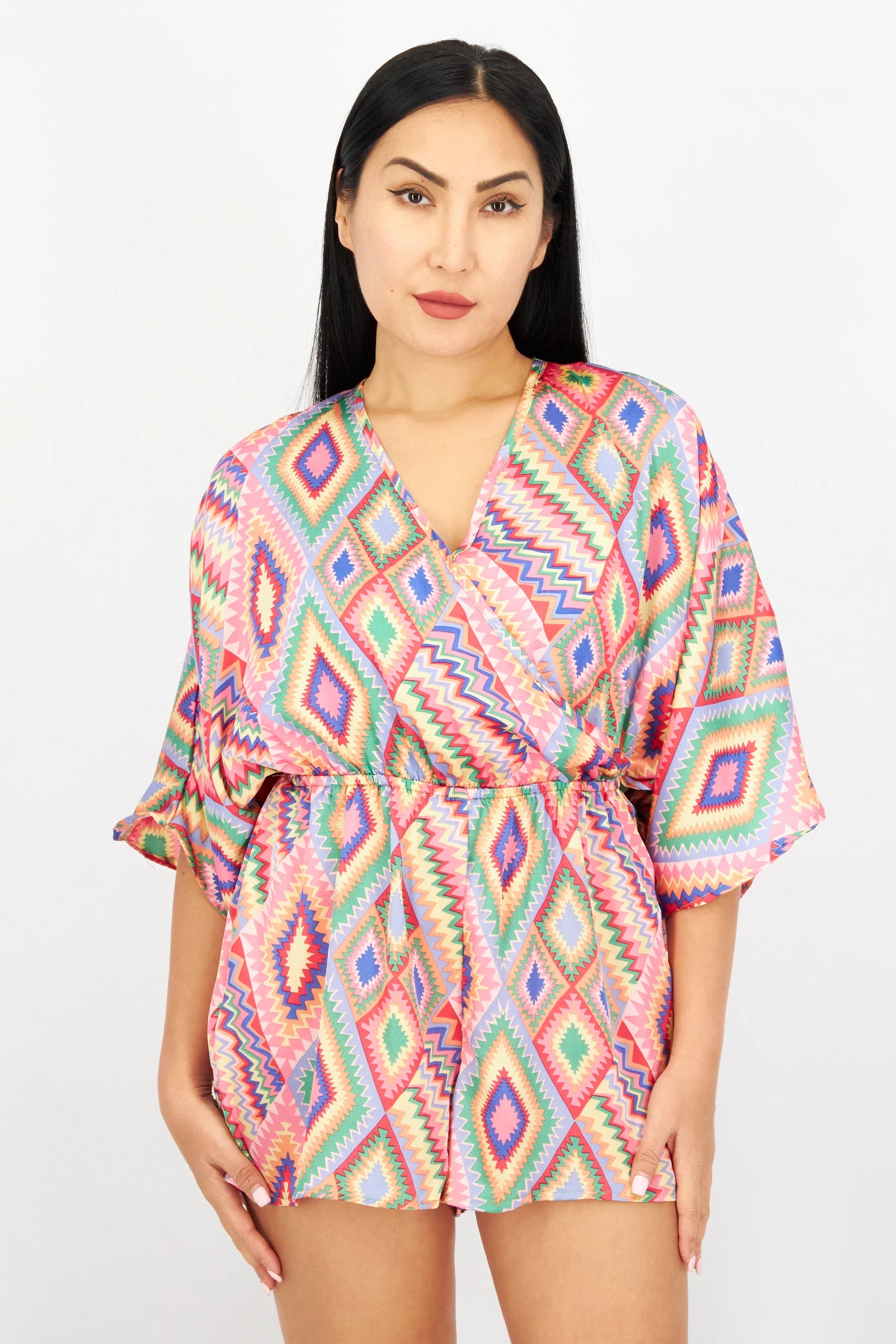Women Geometric Print Sleeveless Playsuit, Pink Combo S
