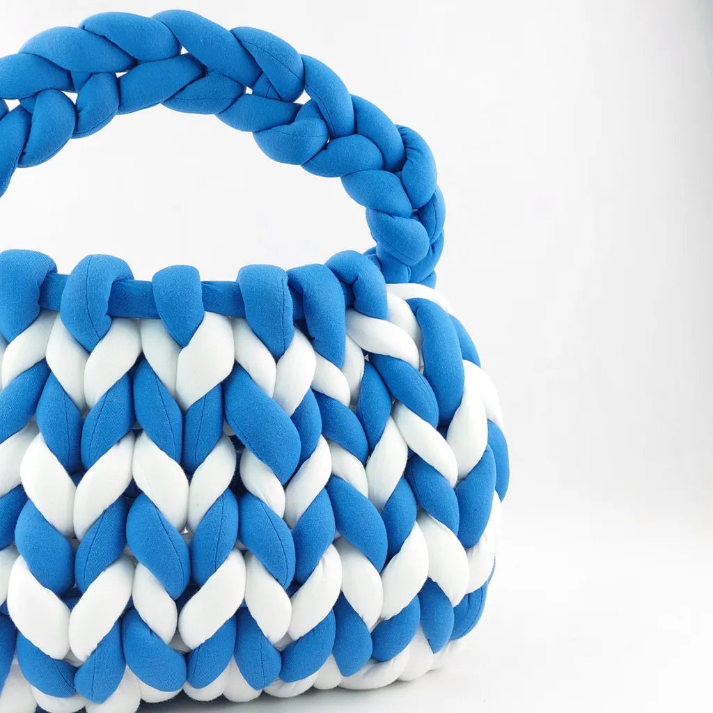 Blue White Chunky Knit Mandu Handbag